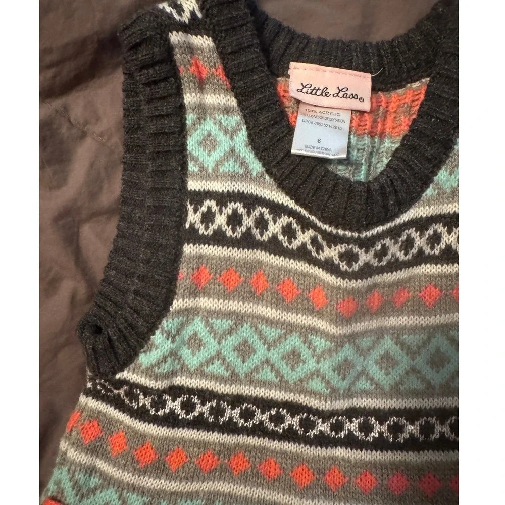 Little Lass Girls Fair Isle Sweater Dress Grey Teal Coral Sequin Belt Size 6